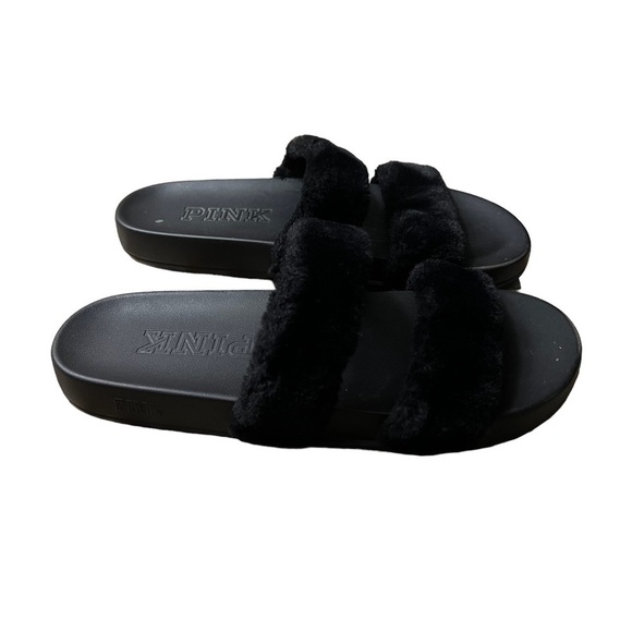 PINK Victoria’s Secret Black Fuzzy Slides Slippers Size M (38/39 or 8-9 US) - Picture 1 of 6